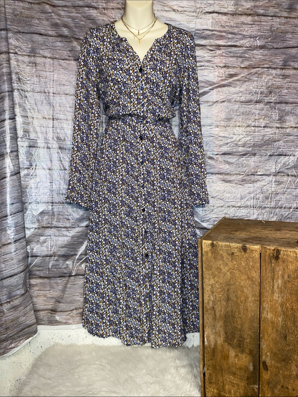 Chaps Navy and White Floral Button-Front Long Sleeve Midi Dress